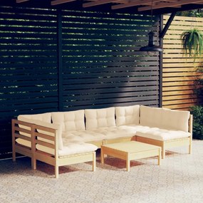 Set divani da giardino 7 pz con cuscini crema in massello di pino