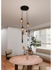 Lampadario 4 Luci Fuxi Base Tonda In Acciaio Nero E Vetri Ambra