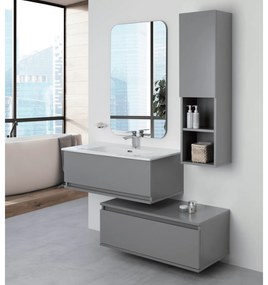Mobile Bagno Sospeso Sfalsato 90 Cm Due Cassetti Specchio Su Telaio 60x100 Cm Feridras "Pastello" Grigio Medio