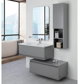 Mobile Bagno Sospeso Sfalsato 90 Cm Due Cassetti Specchio Feridras "Pastello" Grigio Medio