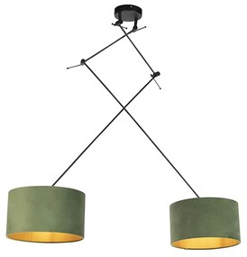 Lampada a sospensione nera con paralumi in velluto verde e oro 35 cm 2 luci - Blitz