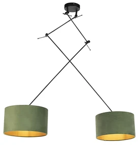 Lampada a sospensione nera con paralumi in velluto verde e oro 35 cm 2 luci - Blitz