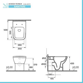 Wc filomuro bianco lucido senza brida con scarico multiplo  Plana