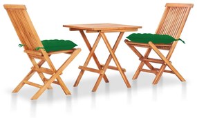 Set Da Bistrot 3 Pz Con Cuscini Verdi İn Legno Massello Di Teak /