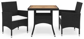 Set da pranzo da giardino 3 pz polyrattan e legno massello nero