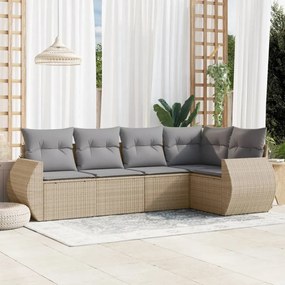 Set Divano da Giardino 5 pz con Cuscini Beige in Polyrattan