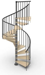 Scala a chiocciola a base tonda Luna IRIS, con corrimano, larghezza 120 cm, struttura in acciaio grigio antracite, gradini in legno faggio, colore faggio