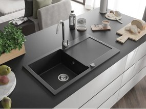 Mexen Leo lavello in granito 1 vasca con gocciolatoio 900 x 500 mm, nero, sifone cromato - 6501901010-77