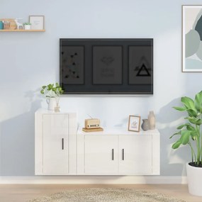 Set Di Mobili Porta Tv 2 Pz Bianco Lucido İn Legno Multistrato /