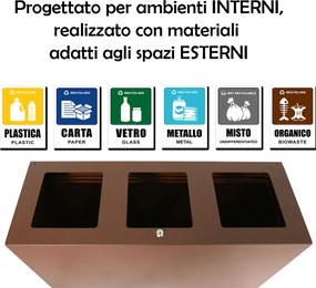 Pattumiera per Raccolta Differenziata 3 Scomparti Capacità 180 lt 90x30x80 cm in Acciaio Corten...