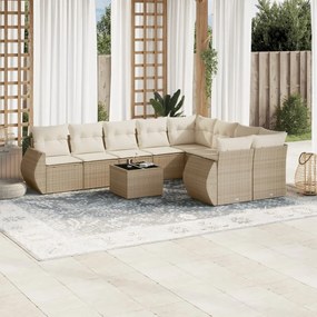 Set Divano da Giardino 10 pz con Cuscini Beige in Polyrattan