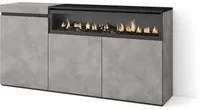 Credenza, Mobile soggiorno 150x75x35cm, 3 Porte, Camino elettrico, Stile moderno, Cemento