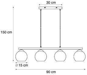 Lampada a sospensione moderna nera con legno e vetro fumé 4 luci - Aleks