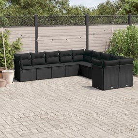 Set divani da giardino 10pz con cuscini in polyrattan nero