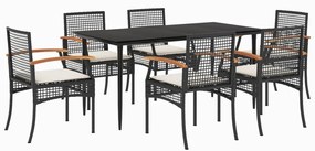 Set da pranzo da giardino 7 pz nero con cuscini in polyrattan