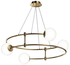 Lampadario Minimal Balance In Metallo Oro 4 Luci E Diffusori Sferici Bianchi