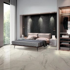Piastrella da pavimento interno 60 x 120 cm Sp. 9.5 mm rettificato Statuario Lux in gres porcellanato smaltato bianco con venature grigie lucido traffico medio forte (pei 3/5) R9 1.44 mq