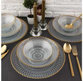 Set da tavola 12 pezzi in vetro trasparente con finitura dorata