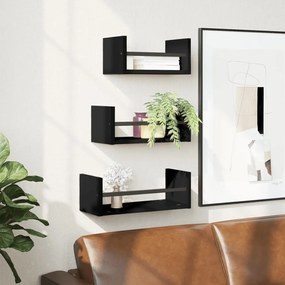 Set Mensole Da Parete Con Aste 3pz Nero İn Legno Multistrato /