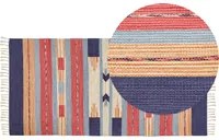 Tappeto Kilim multicolore in cotone 80 x 150 cm tessuto a mano a trama piatta reversibile con motivi geometrici e frange, tradizionale Boho, per il soggiorno e la camera da letto.