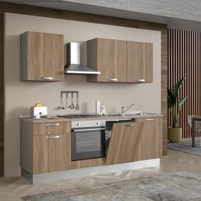 Cucina montata Dora rovere chiaro, lavello a destra, L 240 cm, completa di: cappa a camino, piano cottura a induzione, forno