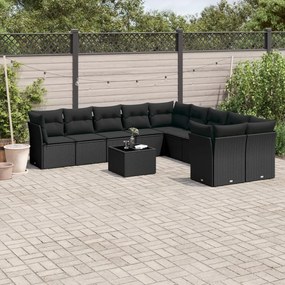 Set divani da giardino 11 pz con cuscini in polyrattan nero