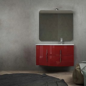 Mobile da bagno onda rosso lucido sospeso moderno 105 cm con chiusure soft close specchio e lampada LED (versione destra)
