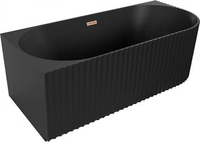 Mexen Gia vasca da bagno freestanding angolare sinistra con scanalature 150 x 75 cm, nero opaco, troppopieno rame spazzolato