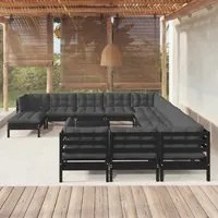 Set Divani da Giardino 13 pz con Cuscini Neri in Legno di Pino 3097077