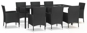 Set da pranzo da giardino 9 pz con cuscini nero in polyrattan