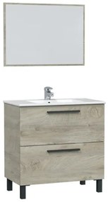 Mobile Bagno Completo Di Lavabo In Ceramica E Specchio Athena 80 Cm 2 Cassetti Rovere Alaska