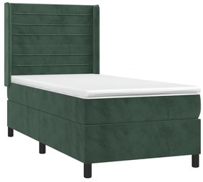 Letto a molle con materasso e led verde scuro 100x200cm velluto