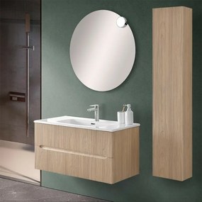 Mobile bagno sospeso cannettato 90 cm rovere chiaro con specchio Bali