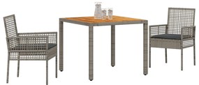 Set da pranzo giardino di 3 pezzi con cuscini grigi in polyrattan