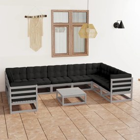 Set divani da giardino 10pz grigio con cuscini massello di pino