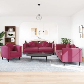 Set Di Divani 3 Pz Con Cuscini Rosso Vino İn Velluto /