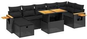 Set divani da giardino con cuscini 8 pz nero in polyrattan