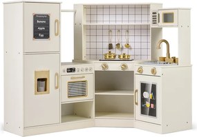 Costway Cucina gioco bambini angolare distributore ghiaccio fornelli forno microonde, Cucina lavastoviglie rubinetto accessori ricchi legno 3+ anni