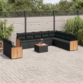 Set divani da giardino 11 pz con cuscini in polyrattan nero