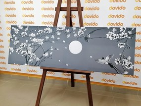 Stampa su tela – Uccellini in bianco e nero sul ramo dell'albero