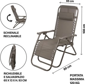 Sedia Sdraio Reclinabile e Richiudibile Rio 65x90x108 cm con Poggiatesta in Poliestere con Struttura in Acciaio Verde Mélange...