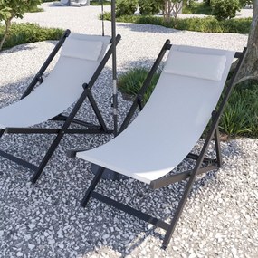 Sedia Sdraio Leggera Da Giardino Schienale Regolabile 5 Posizioni Pieghevole Ergonomica Con Cuscino Traspirante Struttura Nera In Alluminio Da Esterno Piscina Mare Portata Massima 160 Kg (Bianco)