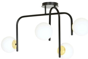 Lampadario 4 Luci Kalf In Acciaio Nero A Bracci E Sfere In Vetro Opalino E Oro