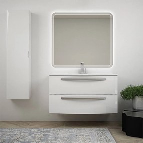 Mobile bagno sospeso curvo 100 cm bianco lucido con specchio LED lavabo ceramica e colonna Mod. Berlino