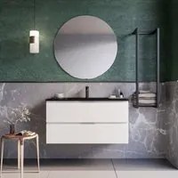 Mobile bagno sospeso 100cm bianco lavabo nero opaco specchio armony, selezione accessori con specchio