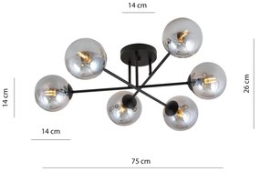 Plafoniera 6 Luci Brandi In Acciaio Nero A Bracci E Sfere In Vetro Fumè