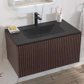 Kamalu - Mobile bagno sospeso 80cm effetto cannettato con lavabo nero KDS-80L