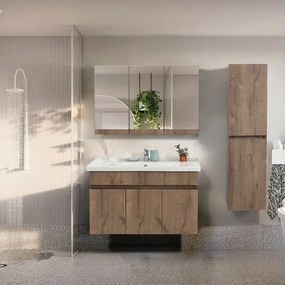 Mobile bagno sospeso 100 cm rovere scuro con specchio contenitore Mona