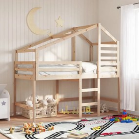 Letto Soppalco Con Scala E Tetto 90x200 Cm Legno Massello Pino /