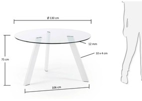 Kave Home - Tavolo rotondo Carib in vetro e gambe in acciaio finitura bianca Ã˜ 130 cm